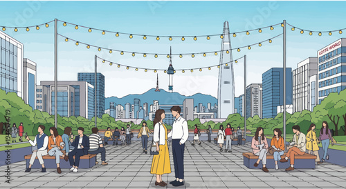 Couple in City Plaza with Seoul Landmarks & String Lights