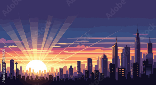 Pixel Art Cityscape Sunrise: Colorful Sky, Modern Skyscrapers, Rays of Light
