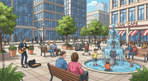 Urban plaza with fountain, cafe, and people enjoying a sunny day