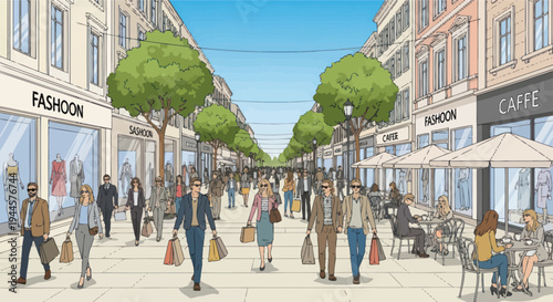 People Shopping on a Bustling European Street with Fashion Stores and Cafes