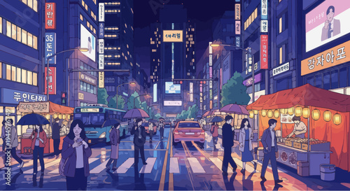 Neon Alley Night Cityscape with Pedestrians and Street Food Stalls, Anime Style
