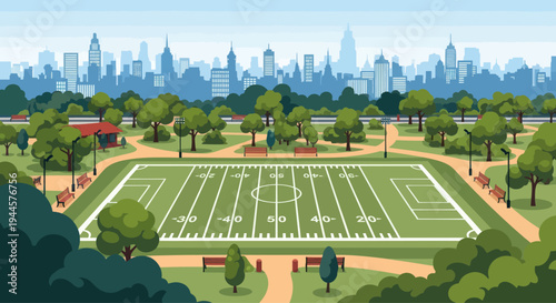 American Football Field in City Park with Skyline Background