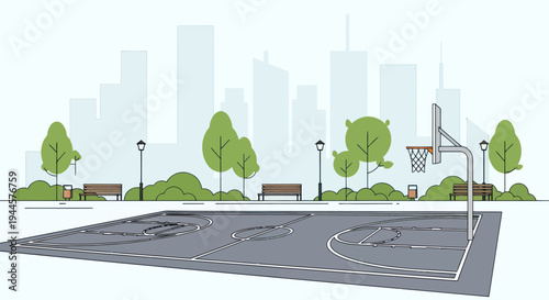 Urban Basketball Court with City Skyline Silhouette and Park Elements