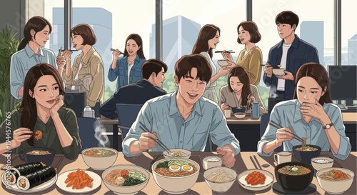 Office lunch break: diverse colleagues enjoying Korean food together in a modern office