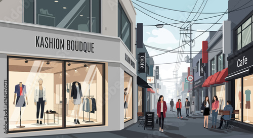 Pixel Art Street Scene: Fashion Boutique and Cafe with People