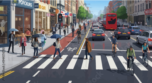 Busy London street with cyclists, pedestrians and red bus crossing a busy road