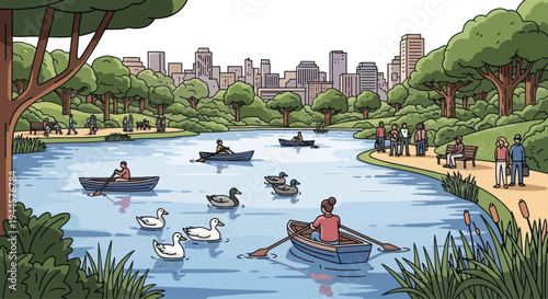 People rowing boats and ducks swimming in a park lake with city skyline background