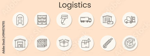 Logistics icon. Locker, warehouse shelves, tape gun, delivery truck, storage hangar, forklift, depot, crate, open box, damaged parcel, cutter knife, return package, shipping service, cargo management