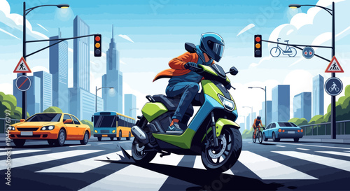 Urban Scooter Rider Navigating Busy City Street Crosswalk