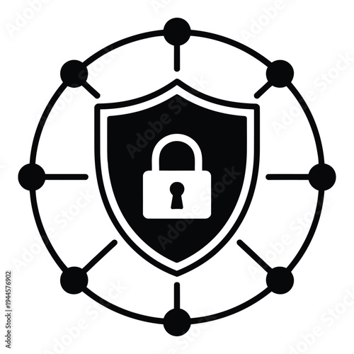 Black shield with padlock icon symbolizing digital security and data protection network with top secret