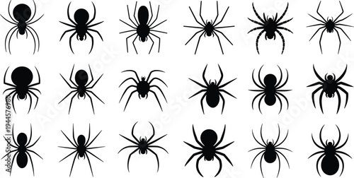 Black spider silhouettes arranged in a grid pattern on a white background