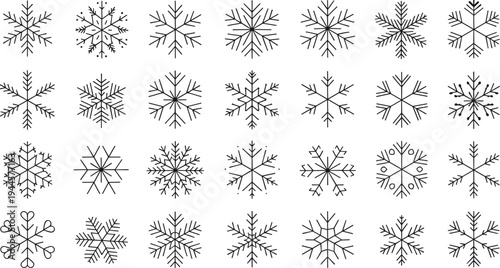 Collection of black and white intricate snowflake patterns arranged in a grid