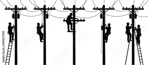 Silhouette of electricians linemen climbing utility poles and ladders repairing overhead power lines electricity distribution maintenance workers servicing energy grid infrastructure safely outdoors