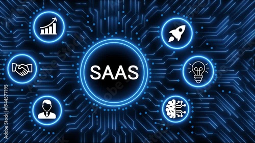 Digital technology concept with glowing neon circuit board radiating from a central processor displaying the word SAAS surrounded by business.4k animation 
