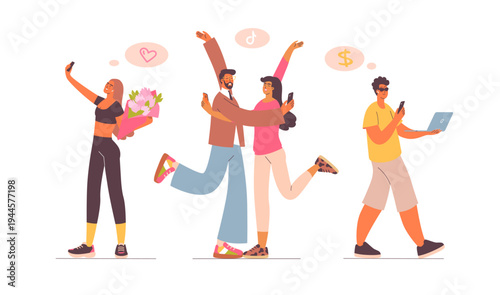 Funny cute modern characters with social media