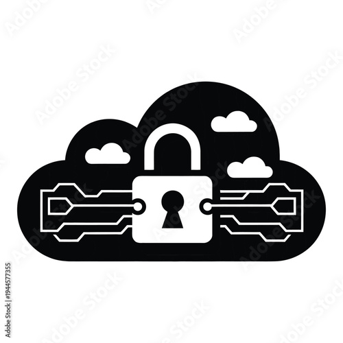 Cloud security icon with padlock and circuits, representing digital safety and data protection