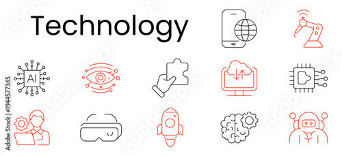 Technology set icon. Smartphone globe, robot arm, ai chip, eye scan, puzzle, cloud upload, processor, engineer, vr headset, rocket, brain gear, innovation, digital, automation