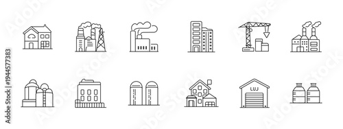Industry construction factory set icon. House plant smoke building crane storage warehouse tanks depict infrastructure production engineering development