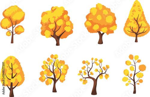 Eight autumn trees with yellow and orange leaves on white background yellow leaves