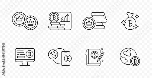 Cryptocurrency finance set icon. Bitcoin coins, growth chart, stack balance, money bag, digital payment, wallet exchange, contract, global economy