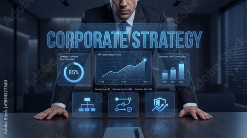 A person in formal attire studies digital performance charts on a screen in a modern office. The charts show key performance indicators and business metrics