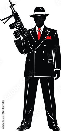 Mafia gangster silhouette in suit holding machine gun, retro mobster with fedora hat and red tie, vintage crime vector illustration.