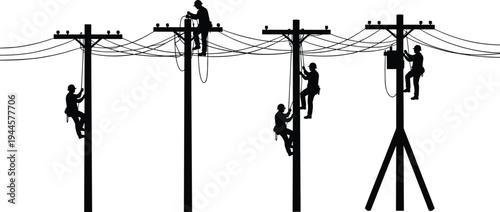 Silhouette of electricians linemen climbing utility poles and repairing overhead power lines, performing electrical grid maintenance and energy infrastructure service on transmission cables