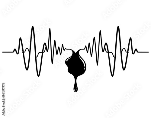 Creative minimalist line art of a heartbeat pulse wave combined with a black ink drop, conceptual illustration for life, health, medicine, and artistic pulse or frequency.