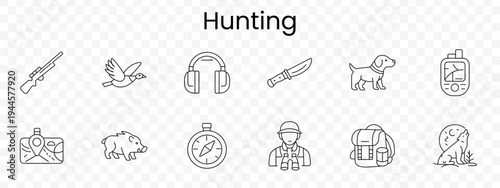 Hunting set icon. Outline outdoor gear, rifle, flying duck, headphones, hunting knife, dog, GPS device, map, boar, compass, hunter, backpack, howling wolf.