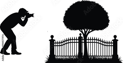 Black silhouette of photographer taking picture of tree behind garden fence, outdoor nature photography, cad drawing flat vector illustration set.