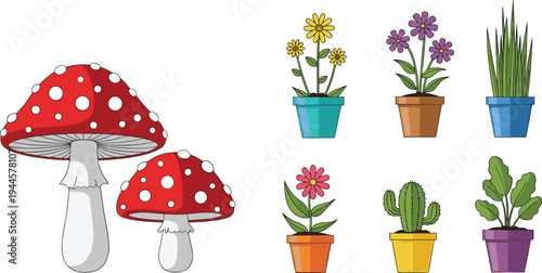 Cute houseplants and mushrooms vector set with potted flowers, cactus, grass plants and red toadstool mushroom illustrations