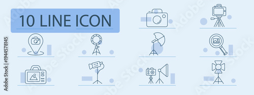 Photo studio set icon. Outline photography symbols, camera pin, ring light tripod, video camera, light softbox, monitor image, handheld camcorder, studio lamps
