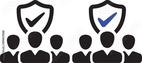 Protected People in Group: An illustration featuring silhouettes of people beneath shields. with a checkmark signifies safeguarding and security.