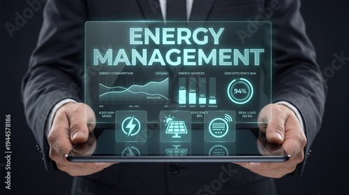 A person presents a tablet that shows various data points about energy management. The screen includes charts and details on energy sources, consumption, and efficiency