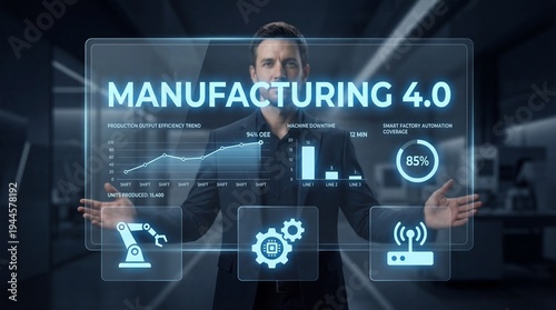 A man stands in front of a digital screen displaying data related to manufacturing 4.0. Charts show production trends and machine efficiency metrics. The setting is a modern factory
