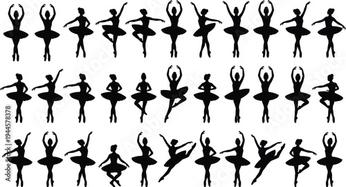 Black silhouettes of ballet dancers performing various poses, large vector set of female ballerinas in tutus, dancing, and artistic movements.