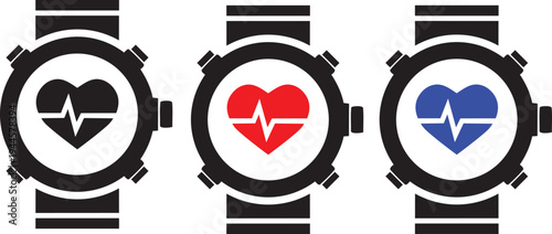 Digital Health Monitors: A collection of smartwatches displaying vital heart rate data in various states: resting, active, and monitored