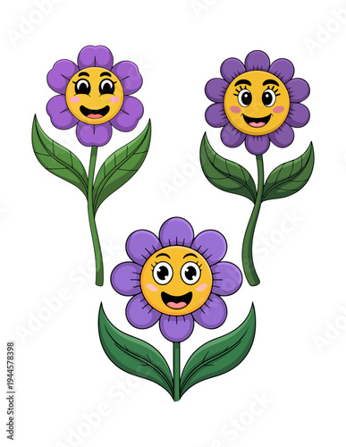 Three cheerful cartoon flowers with happy faces and green leaves.