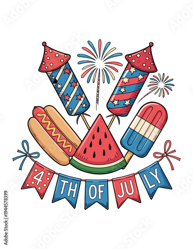 Colorful fourth of july celebration with fireworks and festive foods