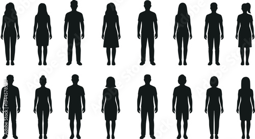 Black silhouettes of diverse men and women standing in rows, flat vector people icons for community, team, social group, and demographic.