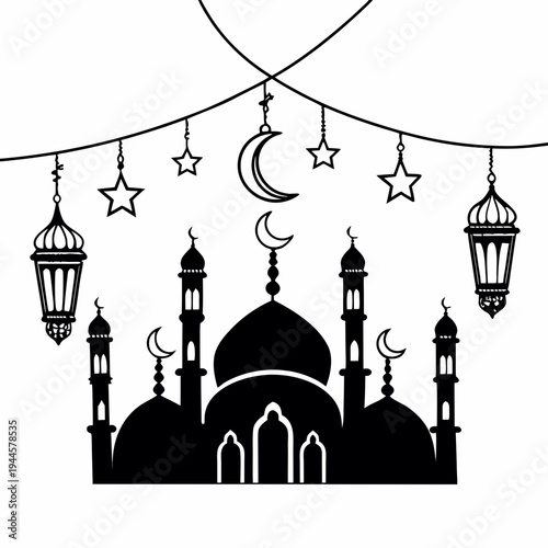 Vector illustration of a mosque in silhouette with dome and minaret architecture