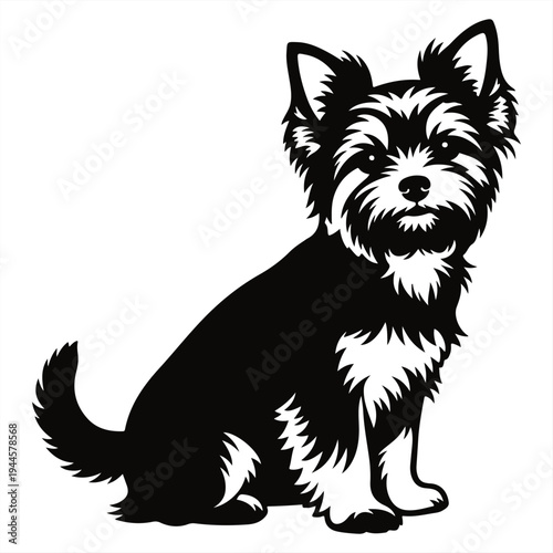 A black and white illustration of a small dog sitting on a plain background