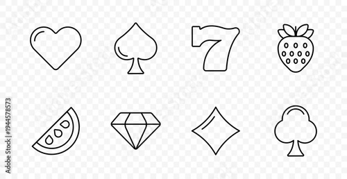 Casino set icon. Heart, spade, seven, strawberry, watermelon, diamond, club, gambling, slot machine, poker, blackjack, jackpot, luck, entertainment, win