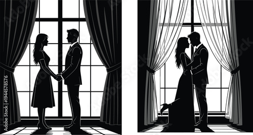 Silhouette of elegant romantic couple holding hands and embracing by a large window with curtains in a black and white minimalist vector illustration style