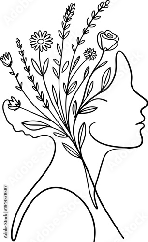 Minimalist one-line drawing of a woman's profile with various blooming flowers and lavender growing from her head, representing growth, nature, and mental well-being vector illustration.