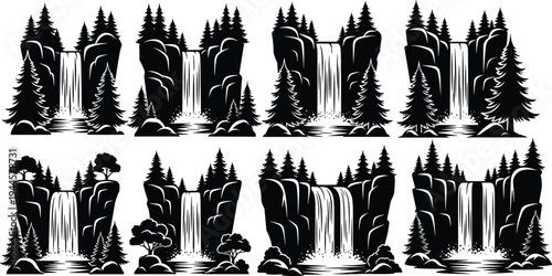 Set of black and white waterfall silhouettes with pine trees and rocky cliffs for nature landscape adventure outdoor travel and wilderness environment concept design.