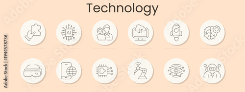 Technology set icon. Puzzle, AI chip, developer, cloud download, rocket, brain, VR headset, smartphone, microchip, robot arm, eye scan, humanoid robot, innovation, digital, future.
