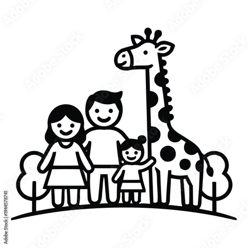 Family with giraffe illustration in black and white line art design.