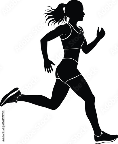 Silhouette of a young woman running and jogging in athletic gear, minimalist black and white vector illustration for fitness motivation, marathon training, healthy lifestyle, and sports activity.