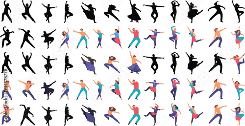 Diverse dancing people silhouettes and colorful flat characters collection, active men and women dancers, vector illustration isolated on white background